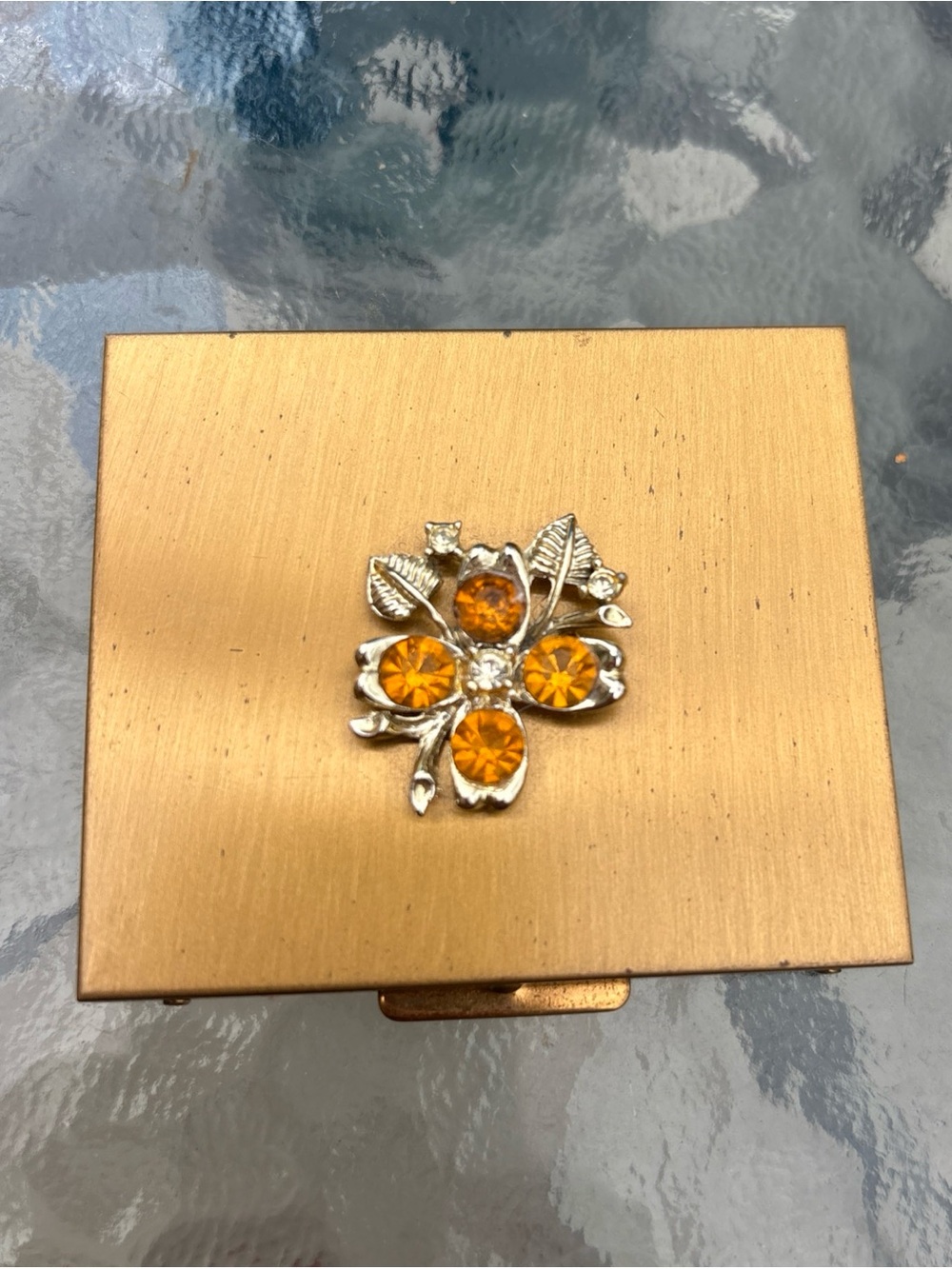 Gold Tone Compact with Amber Rhinestone Floral Accent